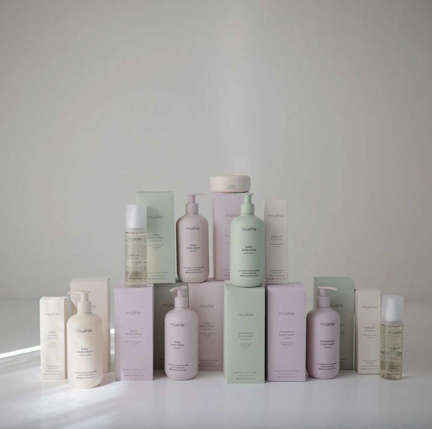 Different skincare products from Mushie
