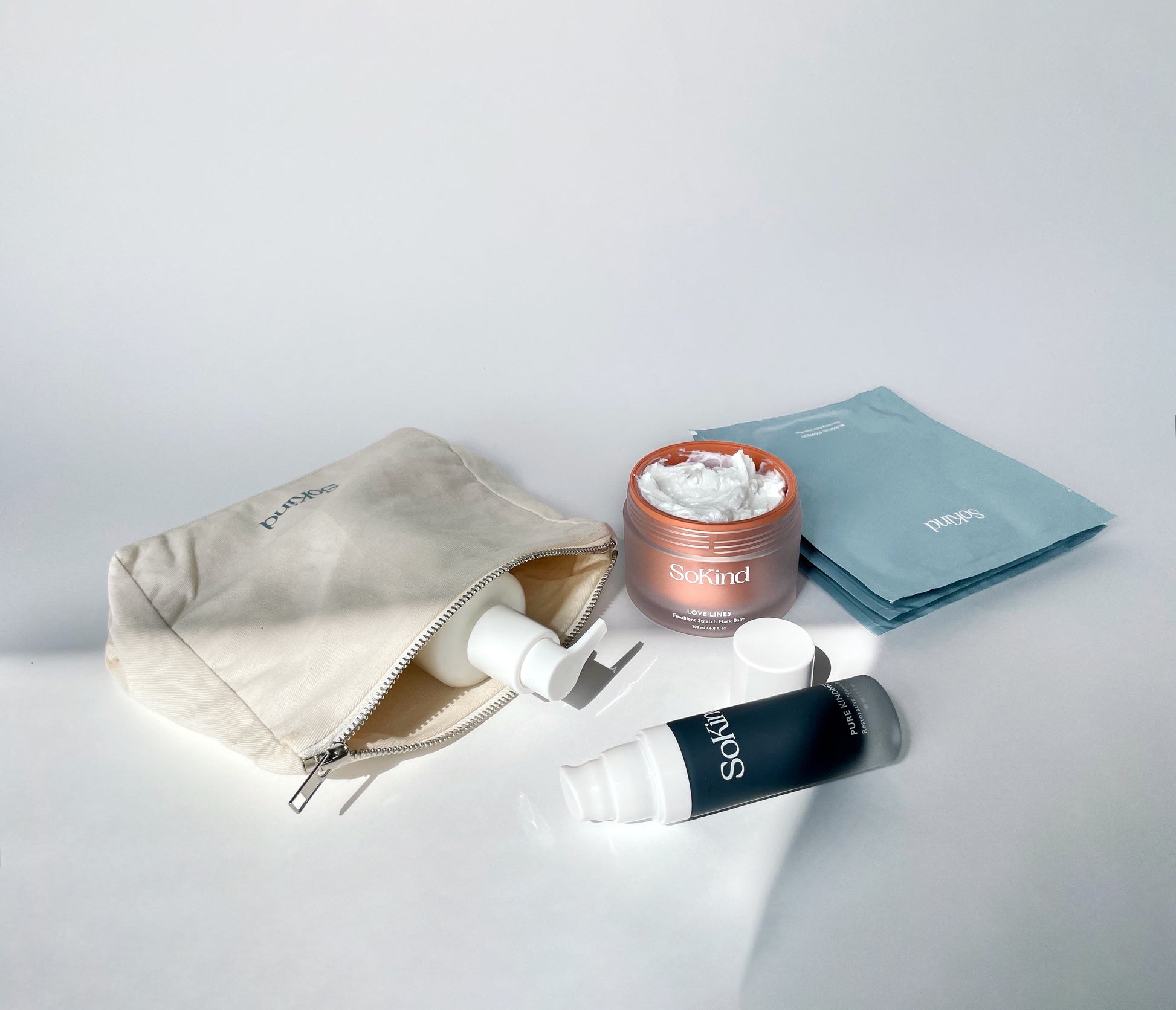 Pregnancy skin care kit from SoKind, includes four products and a toiletry pouch