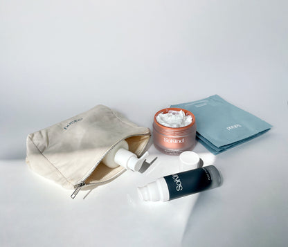 Pregnancy skin care kit from SoKind, includes four products and a toiletry pouch