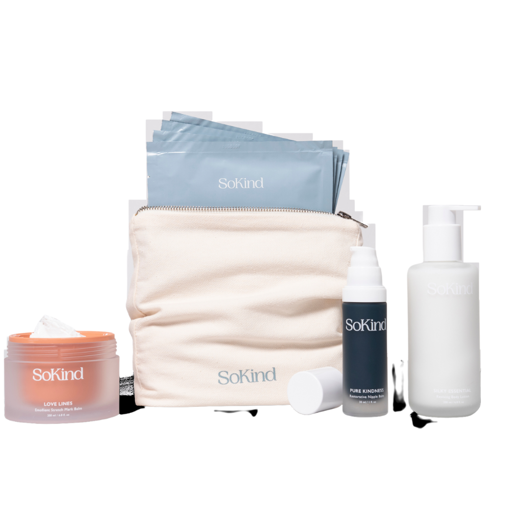 Pregnancy skin care kit from SoKind, includes four products and a toiletry pouch